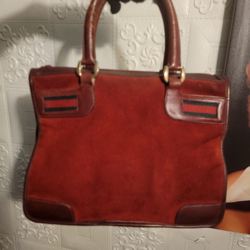 Gucci Burgundy Suede Leather Vintage Sherry Web Satchel Handbag Authentic - Picture 4 of 16